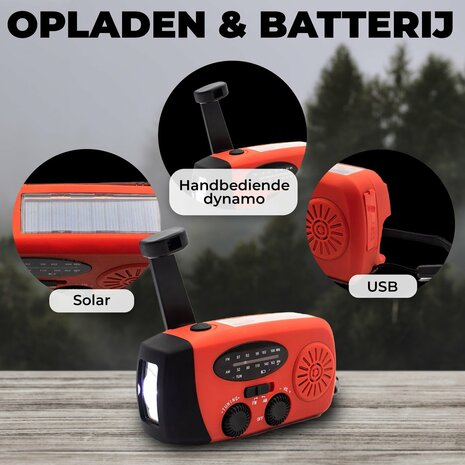 Multifunctionele Radio / Noodradio - AM/FM op Zonne energie / Handslinger / Batterij + zaklamp + powerbank