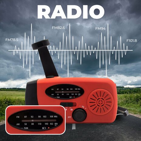 Multifunctionele Radio / Noodradio - AM/FM op Zonne energie / Handslinger / Batterij + zaklamp + powerbank