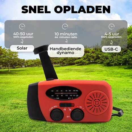 Multifunctionele Radio / Noodradio - AM/FM op Zonne energie / Handslinger / Batterij + zaklamp + powerbank