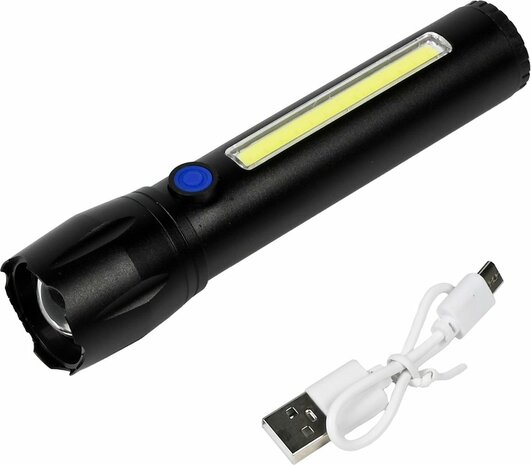 Tactical zaklamp - LED en COB - oplaadbaar - 141 mm - 100/150 lumen - USB-kabel inbegrepen