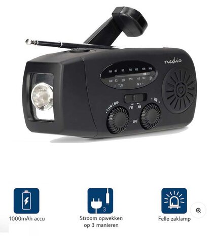 Multifunctionele Radio / Noodradio - AM/FM op Zonne energie / Handslinger / Batterij + zaklamp + powerbank