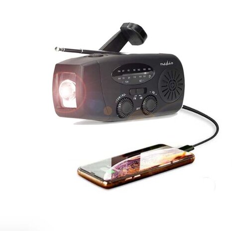 Multifunctionele Radio / Noodradio - AM/FM op Zonne energie / Handslinger / Batterij + zaklamp + powerbank
