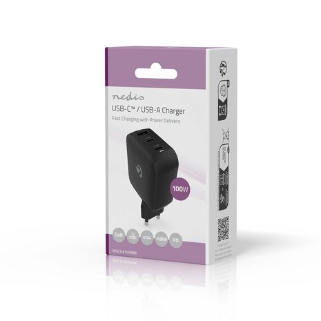 Oplader 100 W | GaN | PD3.0 | Snellaad functie | 2.5 / 3.0 / 5.0 A | Outputs: 3 | USB-A / 2x USB-C&trade; | Automatische Voltage Selectie | Zwart