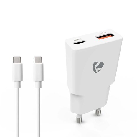 Oplader 30 W | GaN | PD3.0 30W | Snellaad functie | 1.5 / 2.0 / 2.5 / 3.0 A | Outputs: 2 | USB-A / USB-C™ | USB-C™ (Los) Kabel | 1.50 m | Automatische Voltage Selectie | Wit