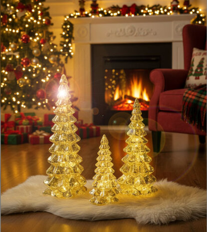 Glazen Kerstbomenset met LED-verlichting – 3 stuks - Pure Kerstsfeer in elk detail - Timer - Warm-wit Ledlicht
