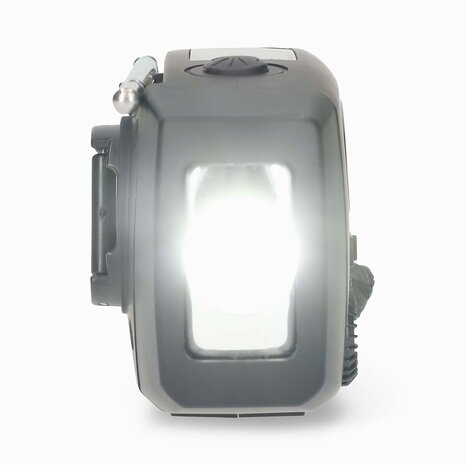 Bijzonder complete Radio / Noodradio - FM / KG op Zonne energie / Handslinger / Oplaadbaar + zaklamp + powerbank