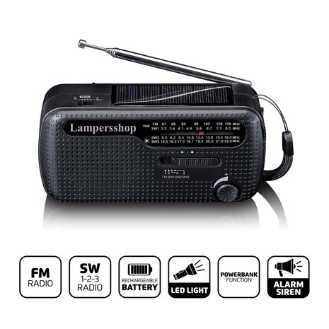 Bijzonder complete Radio / Noodradio - FM / KG op Zonne energie / Handslinger / Oplaadbaar + zaklamp + powerbank