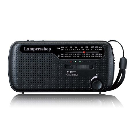 Bijzonder complete Radio / Noodradio - FM / KG op Zonne energie / Handslinger / Oplaadbaar + zaklamp + powerbank