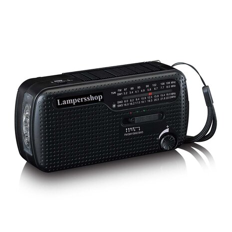 Bijzonder complete Radio / Noodradio - FM / KG op Zonne energie / Handslinger / Oplaadbaar + zaklamp + powerbank