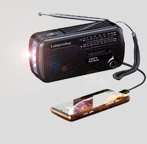 Bijzonder complete Radio / Noodradio - FM / KG op Zonne energie / Handslinger / Oplaadbaar + zaklamp + powerbank
