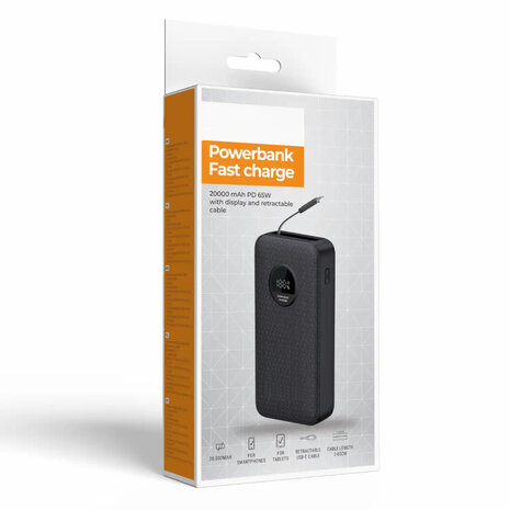 Powerbank 20000mAh -  Snel laptops, tablets en smartphones opladen - Display en intrekbare USB-C-kabel - 65W PD 