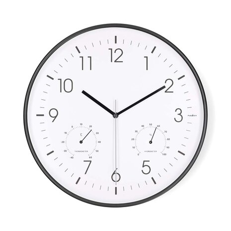 Wandklok - Weerstation - Diameter: 300 mm | Kunststof | Stille beweging | Thermometer | Hygrometer | Wit / Zwart