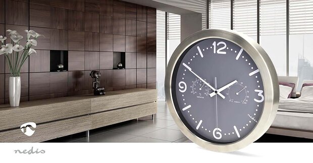 Wandklok - Weerstation - Diameter: 300 mm | Roestvrij Staal | Stille beweging | Thermometer | Hygrometer | Grijs / Metaal