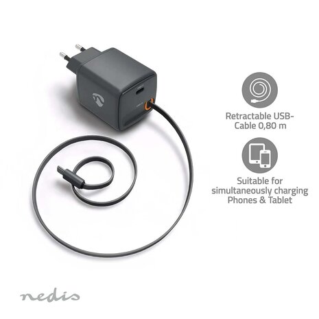 Oplader Met intrekbare kabel | 30 W | GaN | PD3.0 30W | 1.5 / 2.0 / 2.5 / 3.0 A | Outputs: 1 | USB-C&trade; | USB-C&trade; intrekbare kabel | 0.75 m | Automatische Voltage Selectie
