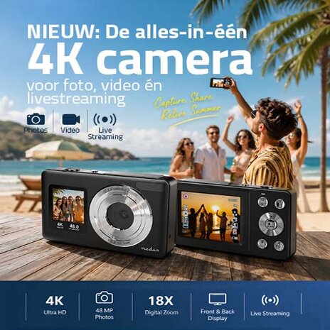 Digitale Ultra HD Foto / Video camera - Dubbel scherm - 48 MPixel - 4K@30fps - 5 MPixel CMOS - Zwart