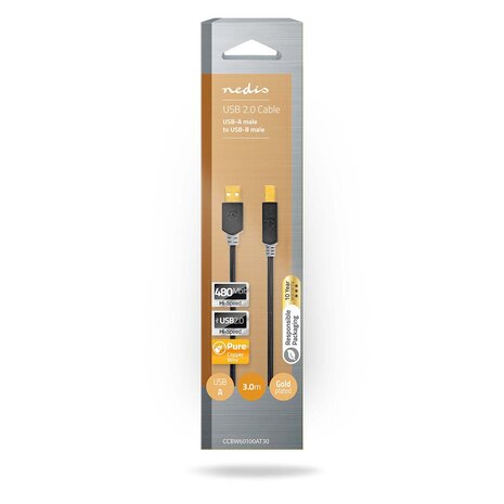 USB-Kabel - USB-A Male - USB-B Male | 480 Mbps | Verguld - Voor aansluiten van bv printer / scanner / harde schijf