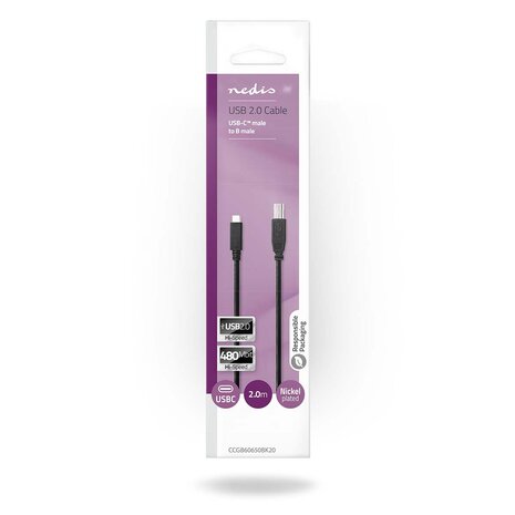 USB-Kabel - USB-A Male - USB-C Male  - 480 Mbps | Vernikkeld | 2.00 m - Voor aansluiten van bv printer / scanner / harde schijf