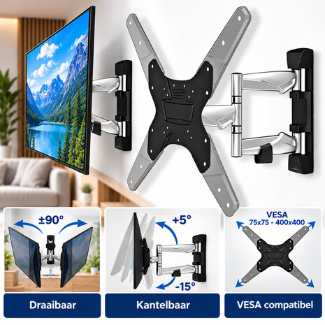 Design muurbeugel - Aluminium - 3 draaipunten -  Kantelfunctie - Max. 30 Kg - voor tv's van 23-55 " 