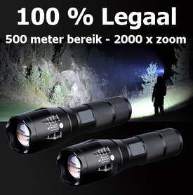 Militaire zaklamp met 500 meter bereik en zoom - Extreem sterke behuizing - Waterproof IP44 - Stroboscoop en SOS functie Tot 40x feller dan traditionele zaklamp