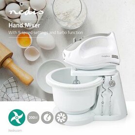 Handmixer | 200 W | 5-Snelheden | Turbo-functie | Draaikom / 2 Deeghaken / 2 Kloppers | Grijs / Wit