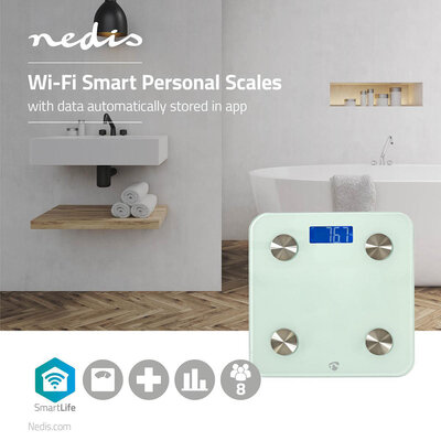 Personenweegschaal - Nedis SmartLife (Wifi, 8 personen, Gehard glas)Meet je BMI-, vet-, spier-, water- en eiwitgehalte