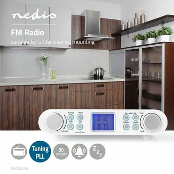 Keukenradio | Kastontwerp | FM | Netvoeding | Digitaal | 1.5 W | 2 " | Zwart-Blauw Scherm | Wekker | Wit / Zilver