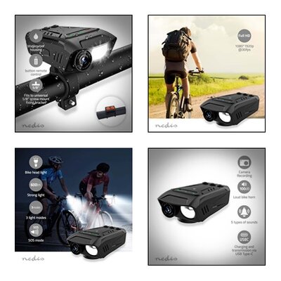 Fietscamera / koplamp / claxon - 1080p@30fps - 2 MPixel - 600 min - 70 ° - 300 min - Mounts inbegrepen