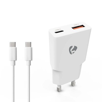 Oplader 30 W | GaN | PD3.0 30W | Snellaad functie | 1.5 / 2.0 / 2.5 / 3.0 A | Outputs: 2 | USB-A / USB-C™ | USB-C™ (Los) Kabel | 1.50 m | Automatische Voltage Selectie | Wit