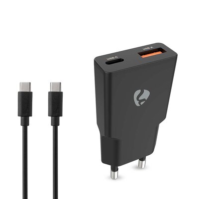 Oplader 20 W | GaN | PD3.0 | Snellaad functie | 1.5 / 2.0 / 2.22 / 3.0 A | Outputs: 2 | USB-A / USB-C™ | USB Type-C™ (Los) Kabel | 1.50 m | Automatische Voltage Selectie | Zwart