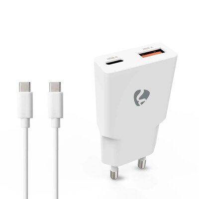 Oplader 20 W | GaN | PD3.0 | Snellaad functie | 1.5 / 2.0 / 2.22 / 3.0 A | Outputs: 2 | USB-A / USB-C™ | USB-C™ (Los) Kabel | 1.50 m | Automatische Voltage Selectie | Wit