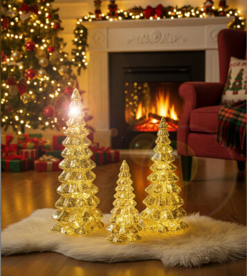 Glazen Kerstboompjes - 3 stuks - met LED-verlichting – Pure Kerstsfeer in elk detail - Timer - Warm-wit Ledlicht