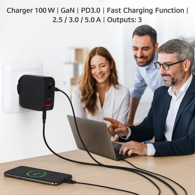 Oplader 100 W | GaN | PD3.0 | Snellaad functie | 2.5 / 3.0 / 5.0 A | Outputs: 3 | USB-A / 2x USB-C™ | Automatische Voltage Selectie | Zwart
