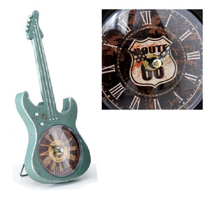 Tafelklok Gitaar 35cm - Route 66 - Groen grijs - metaal Tafelklok Gitaar 35cm - Route 66 - Groen grijs - metaal