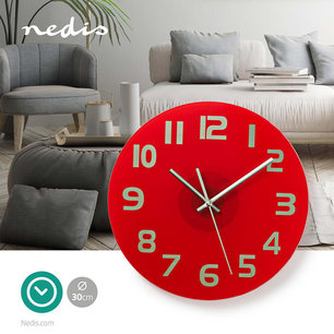 Ronde wandklok - Diameter 30 cm - Eenvoudig te lezen cijfers - Helder-rood - Glas Ronde wandklok - Diameter 30 cm - Eenvoudig te lezen cijfers - Helder-rood - Glas