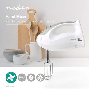Handmixer 200 W - 5-Snelheden - Turbo-functie - 2 Deeghaken / 2 Kloppers - Grijs / Wit Handmixer 200 W - 5-Snelheden - Turbo-functie - 2 Deeghaken / 2 Kloppers - Grijs / Wit