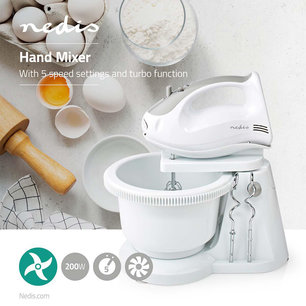 Handmixer 200 W - 5-Snelheden - Turbo-functie - Draaikom / 2 Deeghaken / 2 Kloppers - Grijs / Wit Handmixer 200 W - 5-Snelheden - Turbo-functie - Draaikom / 2 Deeghaken / 2 Kloppers - Grijs / Wit