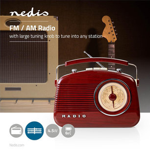 Retro Design FM-Radio Tafelmodel - AM / FM - Batterij Gevoed / Netvoeding - Analoog - Koptelefoonoutput - Handgreep - Rood-Bruin Retro Design FM-Radio Tafelmodel - AM / FM - Batterij Gevoed / Netvoeding - Analoog - Koptelefoonoutput - Handgreep - Rood-Bruin