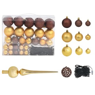 61-delige Kerstballenset met piek en 150 LED's goud en brons 61-delige Kerstballenset met piek en 150 LED's goud en brons