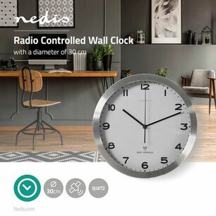 Wandklok | Diameter: 300 mm | Aluminium / Kunststof | Radiogestuurde tijd | Wit / Zilver Wandklok | Diameter: 300 mm | Aluminium / Kunststof | Radiogestuurde tijd | Wit / Zilver