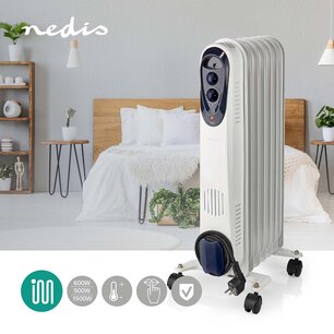 Mobiele Olieradiator 600 / 900 / 1500 W | 7 Vinnen | Instelbare thermostaat | 3 Warmte Standen | Omvalpreventie | Wit Mobiele Olieradiator 600 / 900 / 1500 W | 7 Vinnen | Instelbare thermostaat | 3 Warmte Standen | Omvalpreventie | Wit